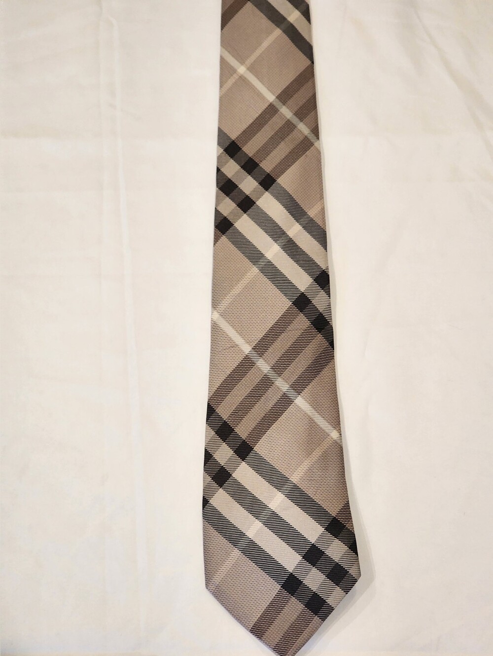 Burberry Taupe and Black Plaid Silk Tie